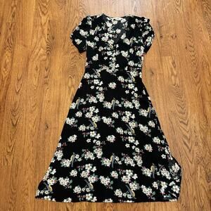 Louche black floral bird v neck short sleeve midi dress size 10 unlined